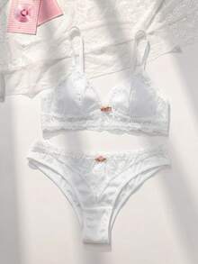PetitDoll Women's 2pcs Wireless Thin Bottom Lace Trim Comfortable Triangle Cup Bra Set - White - View 1