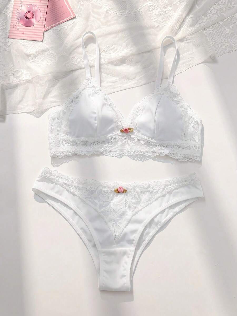 PetitDoll Women's 2pcs Wireless Thin Bottom Lace Trim Comfortable Triangle Cup Bra Set - White - View 1
