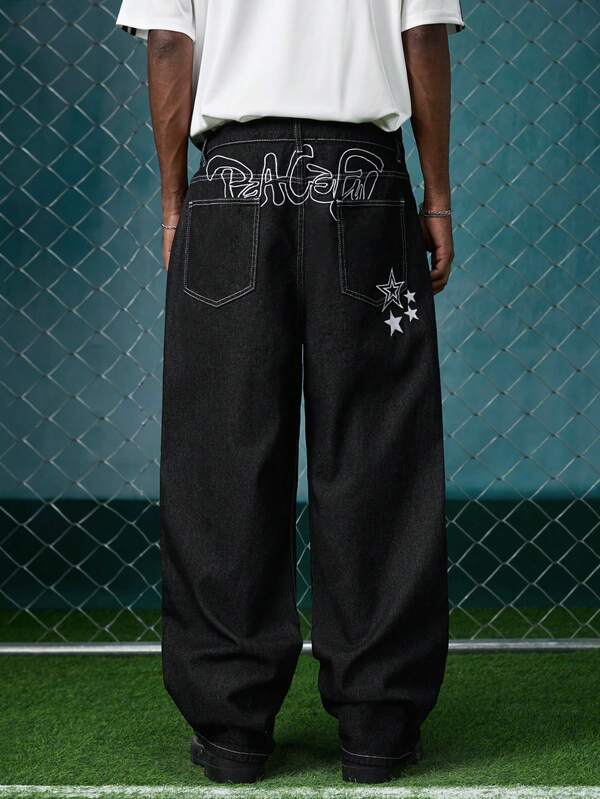 EVRINFINITE Casual Loose Fit Wide Leg Jeans With Back Pocket Star & Letter Embroidery Design