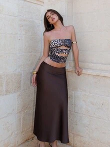 Bris Aura Women's Satin Skirt, Versatile Fish Tail Hem Skirt, Everyday Wear, Brown Skirt Summer - Coffee Brown - View 6
