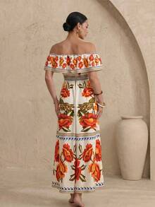 Swim Oasis Elegant Fashionable Unique Design Vacation Dress With High Slit, Off-The-Shoulder Square Neckline, Comfortable Skin-Friendly Full Skirt For Women - Multicolor - View 2