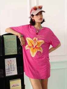 Chillnights Women's Vacation Letter & Floral Print Round Neck Casual Nightgown - Hot Pink - View 4