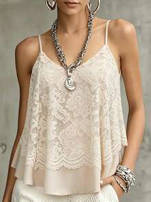 Linhara Women's Plus Size Spring/Summer Casual Vacation Lace Double Layer Ruffle A-Line Camisole Tank Top, Suitable For Daily Vacation Wear - Apricot - View 2