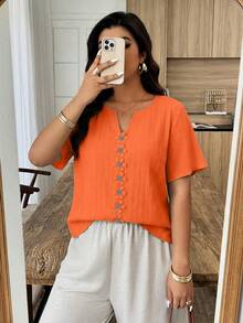 Weeklong Blusa holgada de manga corta con volantes y parches florales para mujer talla grande, primavera/verano - Naranja - Ver 7