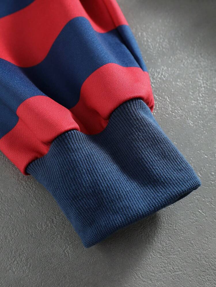ROMWE MEN Áo hoodie nam dáng rộng, họa tiết kẻ sọc in chữ, thiết kế túi - Đỏ - Xem 5