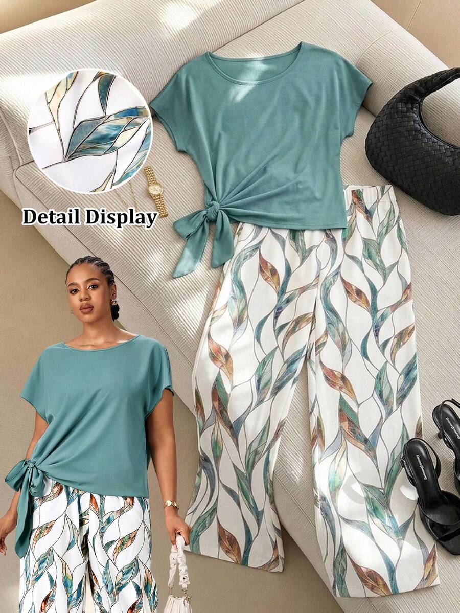 SHEIN Tall CURVE 大码夏季休闲纯色蝙蝠袖上衣和印花长裤两件套 - 彩色 - 查看 1