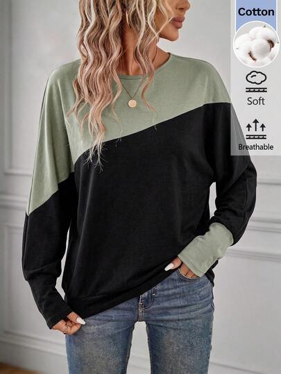 SHEIN LUNE Women's Casual Autumn/Winter Commute Daily Basic Fashion Outwear Colorblock Patchwork Long Sleeve T-Shirt
