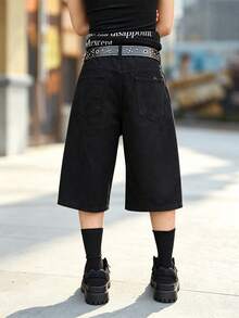 Manfinity Homme Plus Size Men's Pleated Loose Fit Denim Wide Leg Shorts With Pockets - Black - View 2