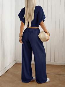 SHEIN EZwear Navy Blue Knitted Women's Crew Neck T-Shirt And Pants Casual Loungewear Set - Navy Blue - View 2