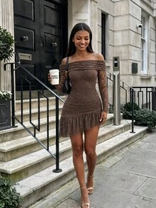 FavEase Women's Casual Sexy Sheer Knit Jacquard Dress. Suitable For Parties. - Brown - View 6