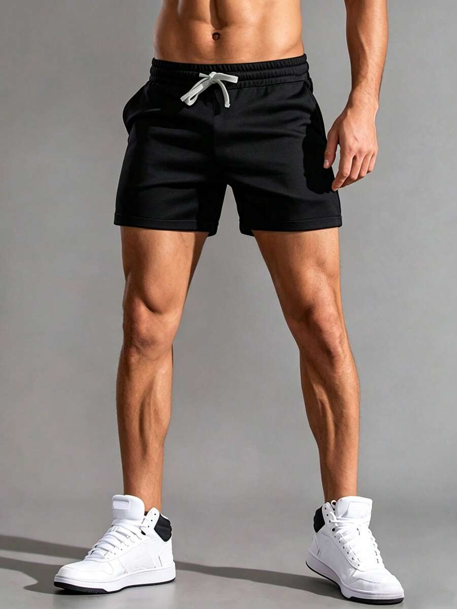 Manfinity Homme 男士腰部抽繩斜口袋短褲 - 黑色 - 查看 1