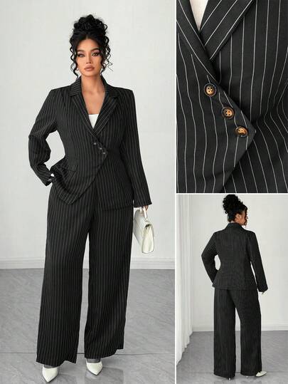 Elenzga Plus-Size Elegant Casual Women's Wear, Black Vertical Stripe Set, Slim-Fit Blazer, Wide-Leg Pants, Two Pieces, Office Dinner Formal, Autumn
