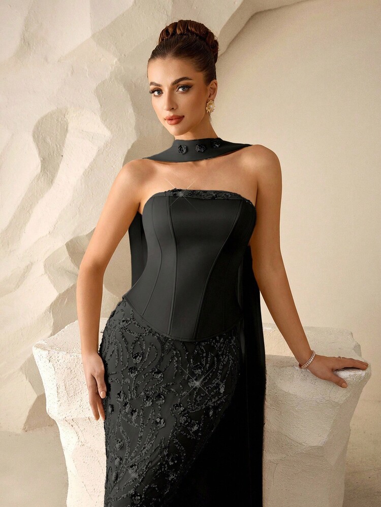 Coutiva Elegant Formal Party Evening Event Sequin Patchwork Strapless Evening Gown Wedding Black Winter - Black - View 6