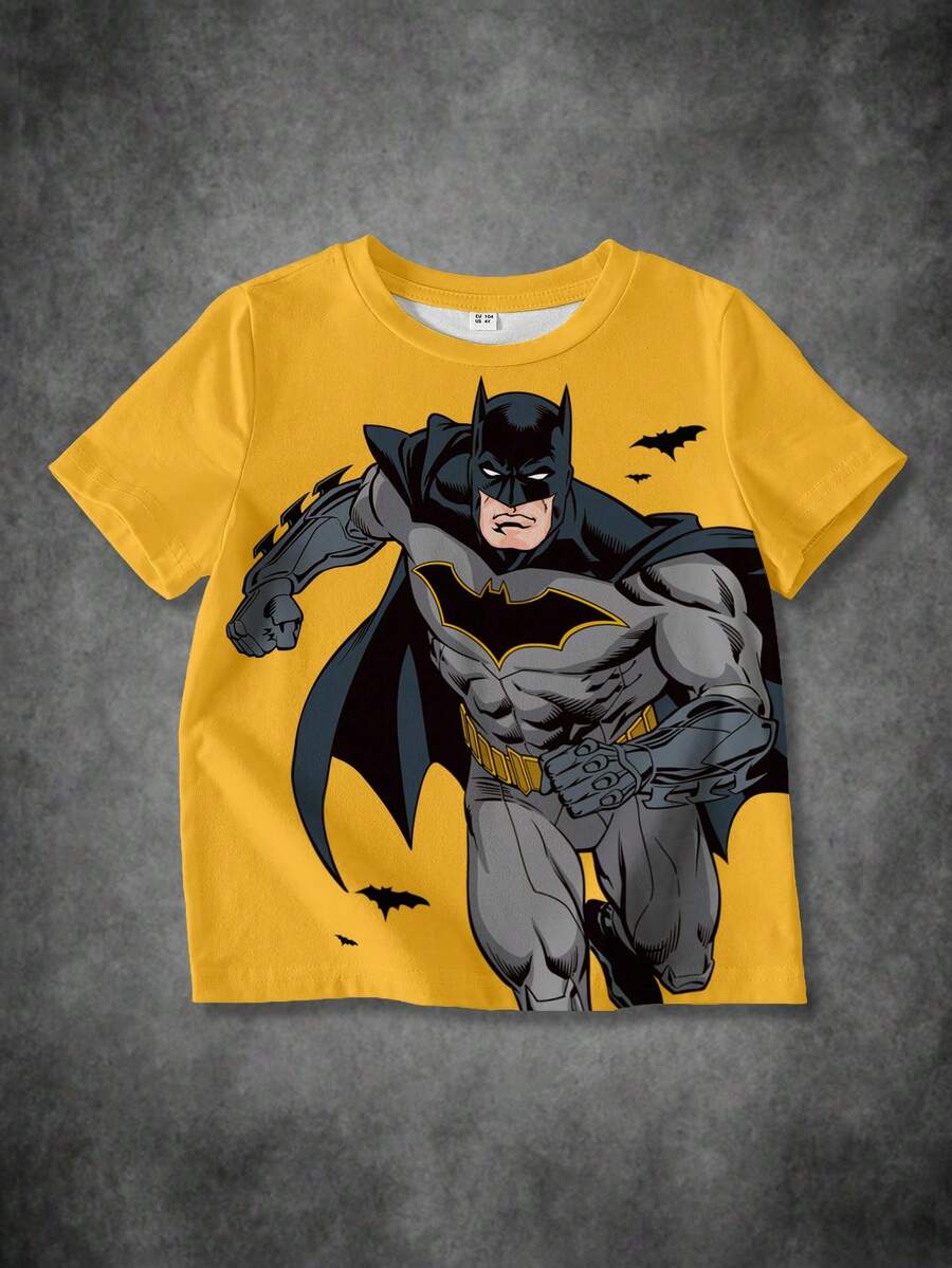BATMAN X SHEIN 男童休闲时尚街头通勤动漫英雄图案短袖T恤,夏季 - 白色 - 查看 1
