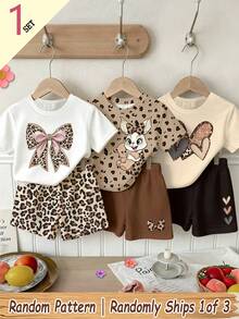 (1 Random Item From 3) Baby Girl Heart Leopard Bow Rabbit Graphic Print Summer Casual Basic Short T-Shirt And Shorts Set - Multicolor - View 1