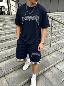 Coolqubz 青少年夏季新款運動風酷圖案圓領短袖T恤與休閒籃球短褲兩件套 - 藍色 - 查看 1