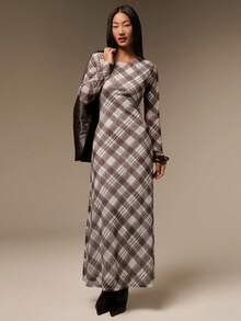 COSMINA Women's Fashion Plaid Long Dress Brunch Diner Office White And Brown Autumn Casual Vintage - Multicolor - View 3