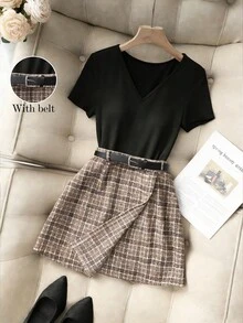 Franclia 女士优雅V领短袖T恤和格子系带短裙套装，适合日常通勤和约会 - 彩色 - 查看 7
