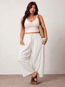 Enliva Plus Size Loose Fit Drawstring Casual Cropped Pants Fall - White - View 5