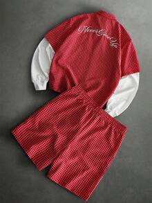 Mainfolk 男士格紋拼接字母刺繡襯衫短褲套裝 - 紅色 - 查看 3