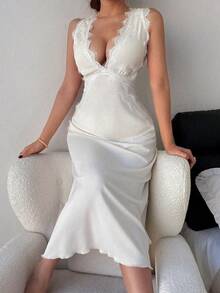 Napfluff Camisón largo con cuello en V y espalda descubierta con adorno de encaje para mujeres - Albaricoque - Ver 4