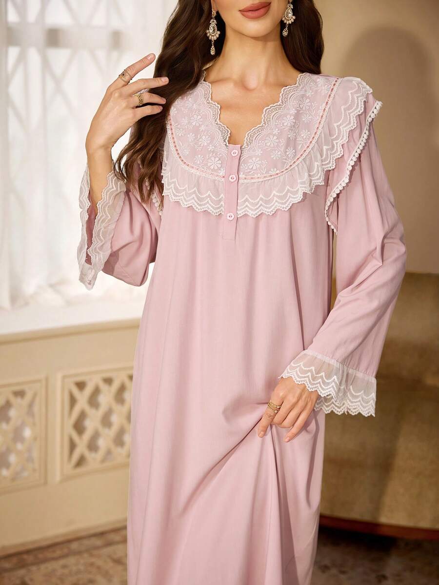 PalaceNights Camisola Feminina Estilo Court com Renda, Manga Longa e Caimento Solto - Rosa empoeirado - Visão 1