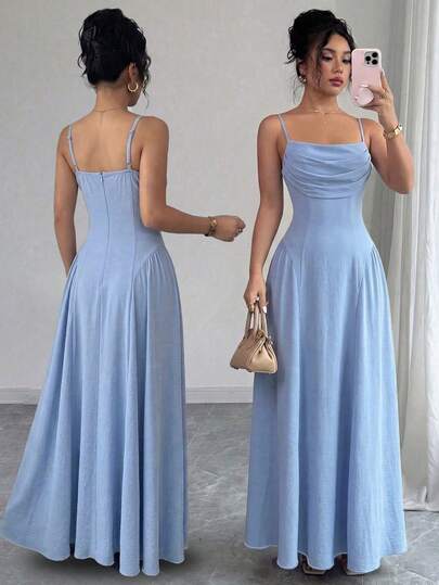 Elenzga Summer Party Wedding Guest Elegant Spaghetti Strap Cinched Waist A-Line Dress Light Blue Elegant Romantic Exquisite Women's Dress