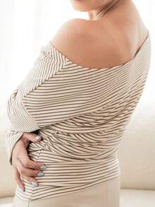 Ximena Robles Ximena Robles Women's Striped Asymmetrical Shoulder Slim Fit T-Shirt Vacation For Women Summer For Women - Apricot - View 4