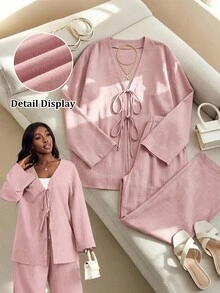 SHEIN PETITE CURVE 大尺碼女款休閒兩件套 前綁帶長袖上衣與長褲套裝 素色粉色 適合海灘正式度假商務穿搭 夏季秋季 - 藕粉色 - 查看 7