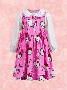 HELLO KITTY AND FRIENDS | SHEIN Gaun Lengan Panjang Kerah Peter Pan Motif Kartun untuk Anak Perempuan - Berwarna merah muda - View 3