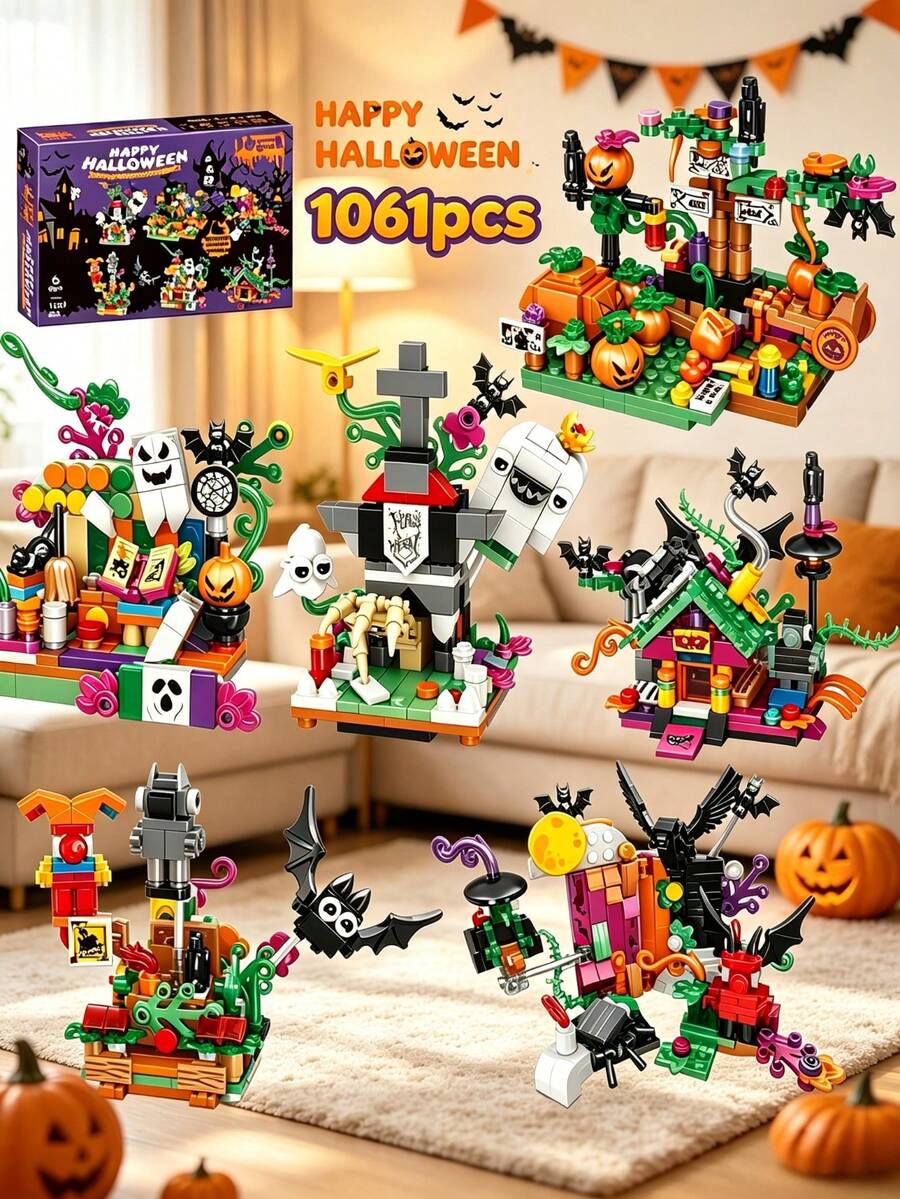 POKOJA LAND 1061 قطعة مجموعة مكعبات بناء هالوين 6 في 1، 36 نمط ثقوب عمياء، مكعبات DIY ممتعة، لعبة بناء اليقطين والشبح والخفافيش، هدية هالوين للأطفال، لعبة تعليمية STEM - متعدد الألوان - مشاهدة 1