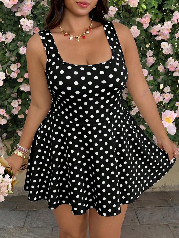 GalTyme Plus Size Women's Polka Dot Print Square Neck Sleeveless Jumpsuit - Black - View 9