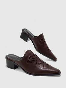 CUCCOO BIZCHIC Pointed Embossed Mules Shoes, Retro Western Style Thick Heel Mules Shoes Fall Shoes - Coffee Brown - View 8