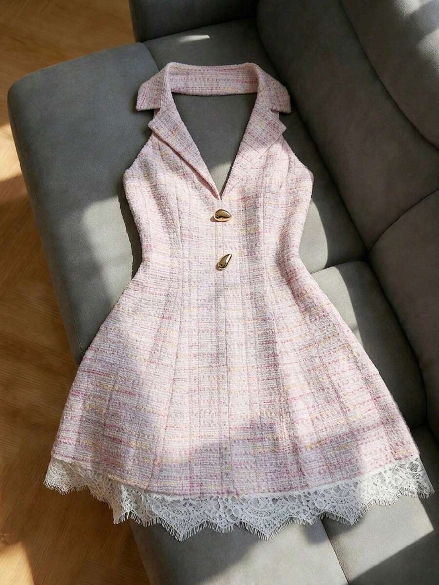 SHEIN Franclia Women's Elegant Commute Lace Patchwork Tweed Dress,Back-To-School Outfit,Graduation Homecoming - Pink - View 1