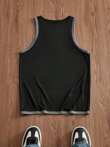 ESTAVOR 男士夏季休閒修身圓領背心 T-shirt 標準尺寸 黑色灰色拼接素色 - 黑色 - 查看 3
