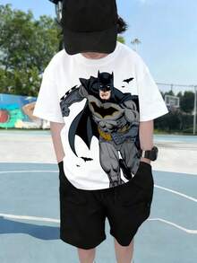 BATMAN X SHEIN 青少年男孩圆领短袖白色舒适休闲卡通英文字母图案T恤 - 白色 - 查看 5