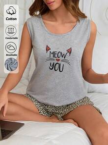 SHEIN Cottnline 100% Cotton 2 Pcs Women Sleeveless Letter And Heart Patterned Sleep Top + Leopard Pattern Shorts Casual Pajama Lounge Set - Multicolor - View 6