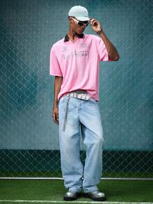 EVRINFINITE Men's Summer Fashion Letter Graphic Short Sleeve Polo Shirt, Emo, 2000s Style - Pink - View 3