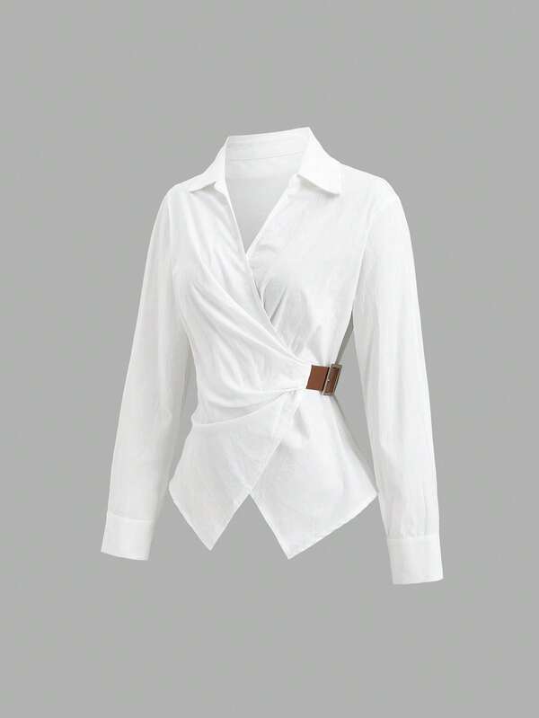 Sweetra Autumn New Small V-Neck POLO Collar Tie Waist Buckle Design Minimalist Fashion Gentle Elegant White Women's Long Sleeve Shirt