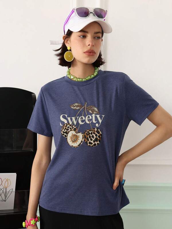 Eraneu Women's Letter & Cherry Print Casual Daily Home Short Sleeve Pajama Top