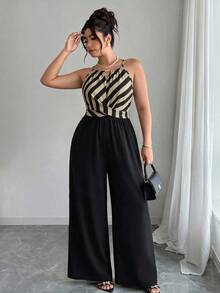 Weeklong Plus Size Women Spring/Summer Positioned Print Solid Color Matching Top And Bottom Elegant Jumpsuit - Multicolor - View 4