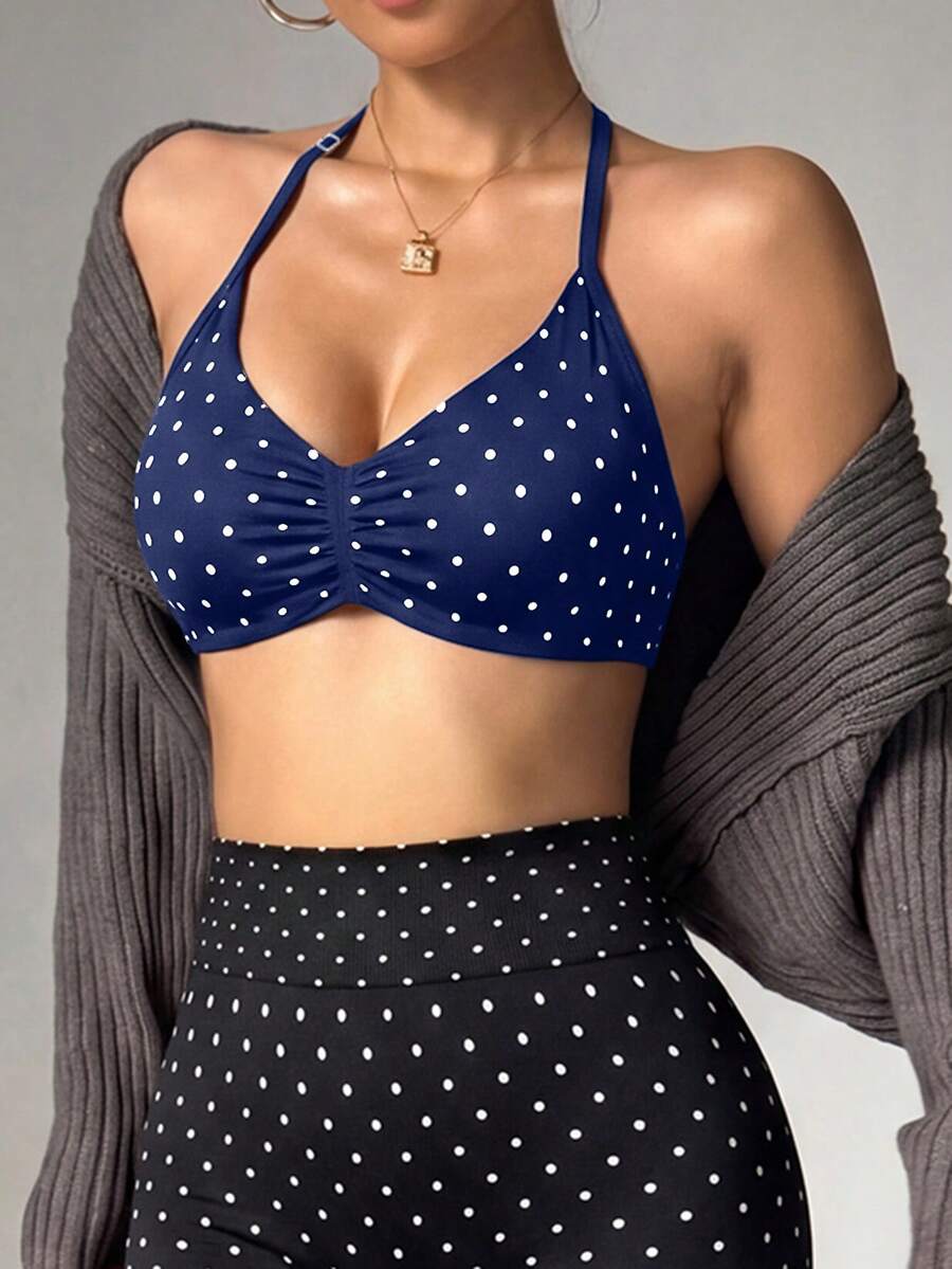 SHEIN Velisys 女款無縫波點印花抓皺掛脖運動內衣 - 藍色 - 查看 1