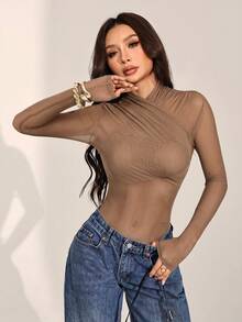 SHEIN PETITE 女款性感純色網紗包覆式連身衣，透視長袖，棕色，夏季，夜店派對穿搭 - 卡其色 - 查看 5