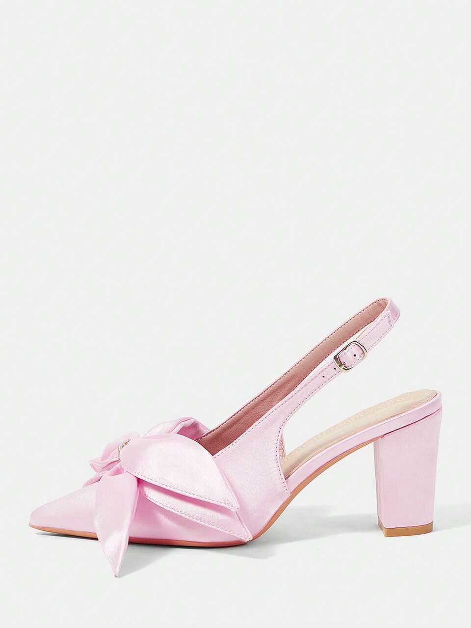 CUCCOO HITCHD Ladies Pink Satin Bow Rhinestone Thick Heel Sandals, Elegant Pointed Back Strap High Heels, Buckle Strap Square Heels, Bridal Shoes For Weddings, Part Fall Shoes
