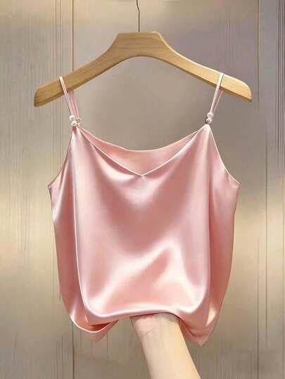 GlowEve Elegant Commuter Delicate French V-Neck Satin Camisole With Pearl Decor, Suitable As Layering Piece For Women