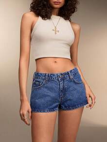 SHEIN 低腰休閒風女款牛仔短褲 - 中等水洗藍 - 查看 6