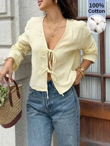 Serisse Women's Versatile Solid Color Textured Fall Business Casual 100% Cotton Tie Front Elegant Open Front Cardigan Work Blouse,Basic Long Sleeve Shirt - Light Yellow - View 5