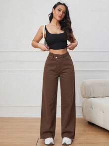 SHEIN ICON 女款不對稱腰頭口袋休閒牛仔褲 - 棕色 - 查看 6