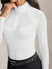 Activina 女款 Bar Color 立領半開襟對比拉鍊套頭馬術上衣 長袖 T-shirt 時尚夏季秋季透氣面料 - 白色 - 查看 4