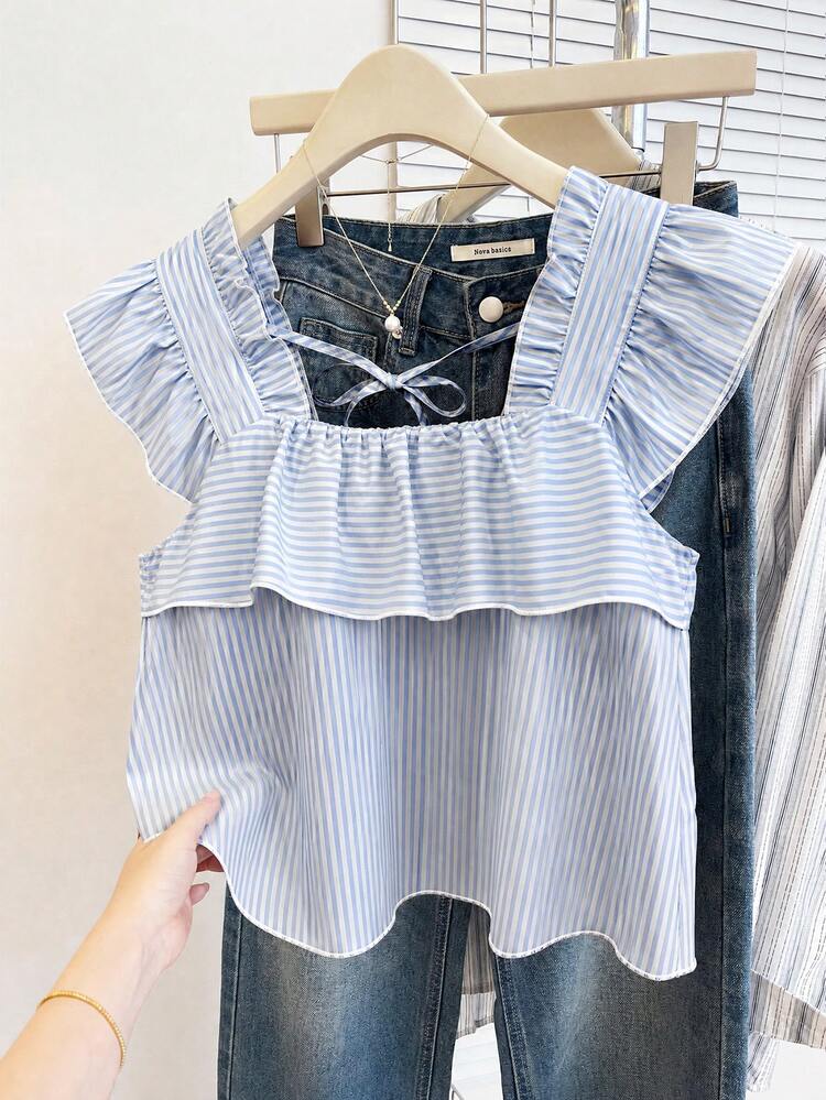 Resyla Women's Summer Casual Striped Ruffle Blouse - Baby Blue - View 3